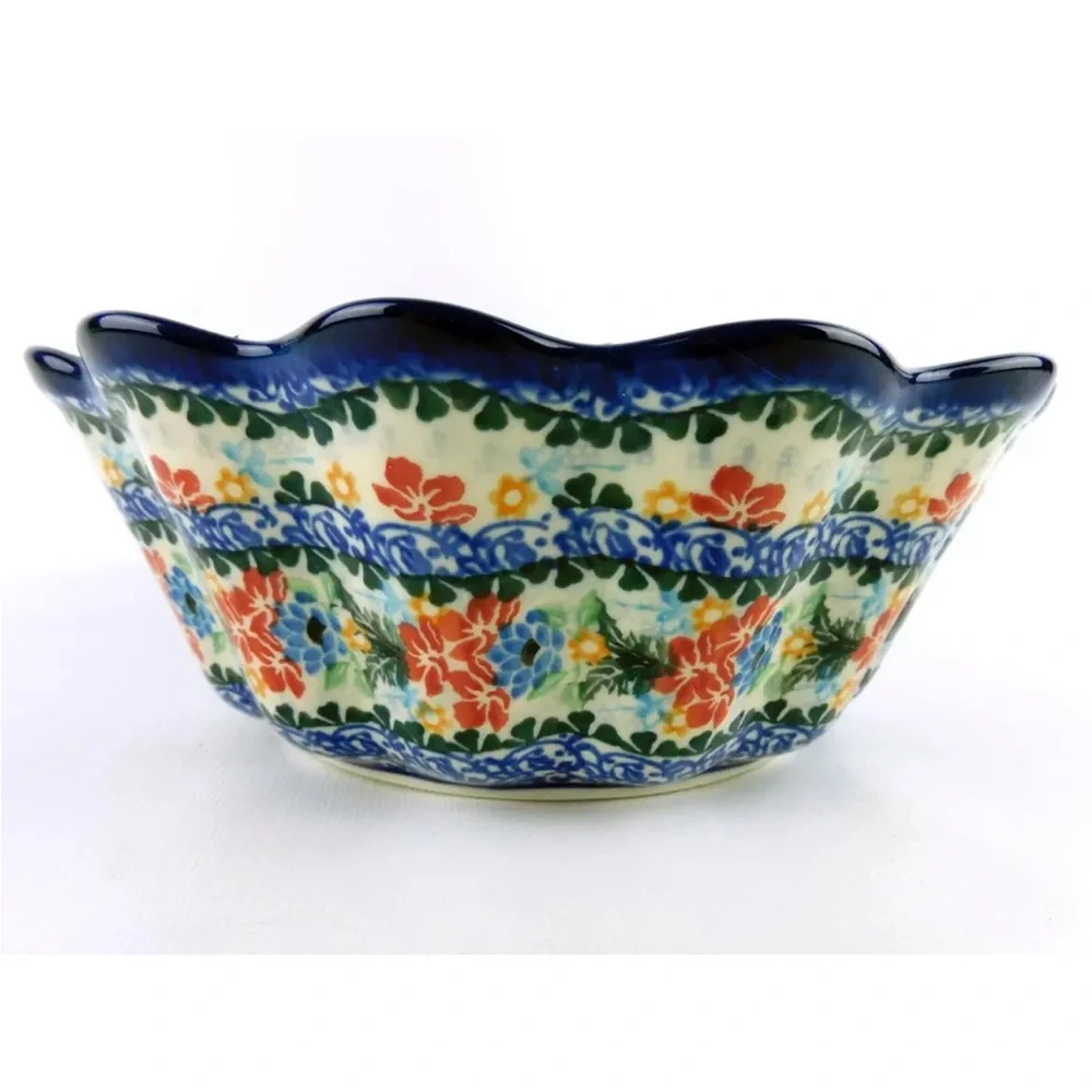 UNIKAT Hope Springs Eternal Floral Bouquet Polish Pottery Scalloped Bowl Dish
